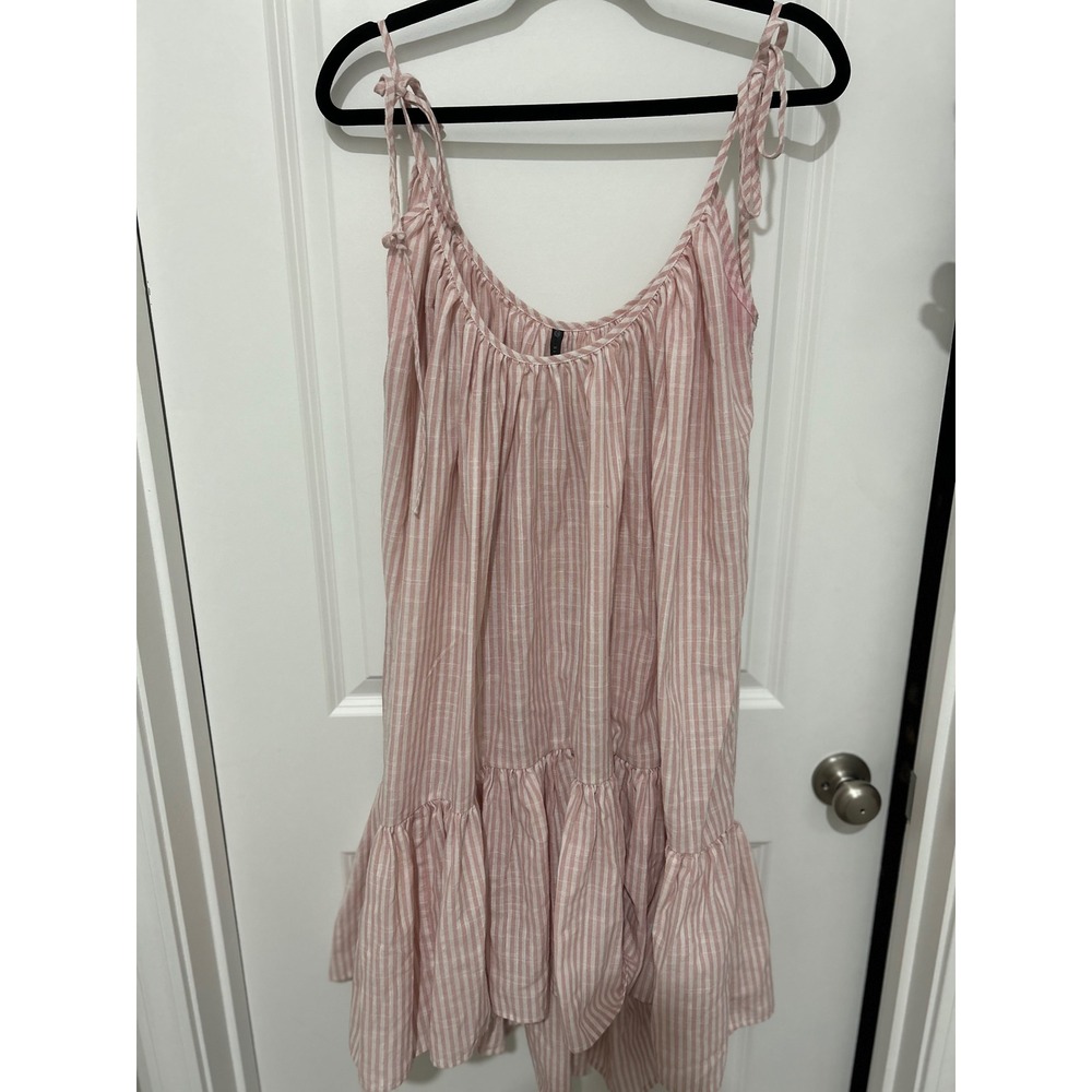 Riller & Fount Pink‎ White Stripe Tie Shoulder Tiered Ruffle Dress OS